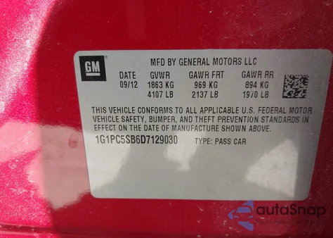 2013 Chevrolet Cruze 1Lt Auto z USA, uszkodzony, nr VIN 1G1PC5SB6D7129030